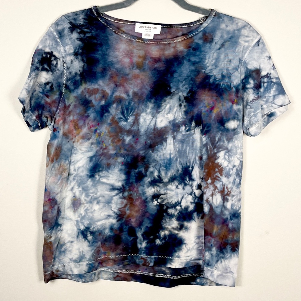 Ice dyed tie dyed upcycled gray navy blouse Jones New York